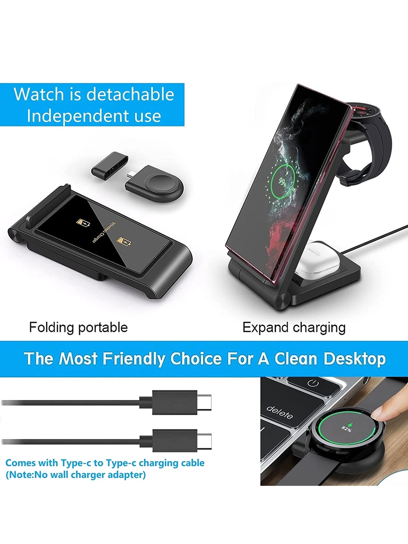 Carregador sem fio 3 em 1 para Samsung S24 S23 Ultra/S22/S21/Note 20/Z Flip 6/Z Fold 6 Estação de carregamento rápido para Galaxy Watch 7 Pro