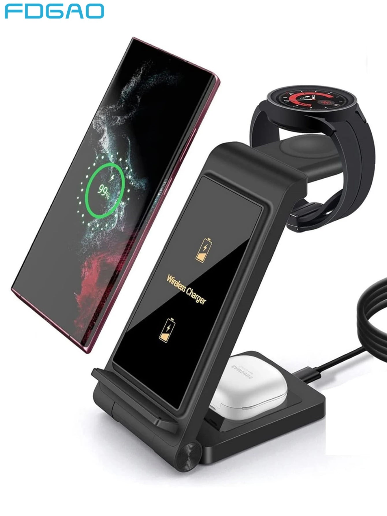 Carregador sem fio 3 em 1 para Samsung S24 S23 Ultra/S22/S21/Note 20/Z Flip 6/Z Fold 6 Estação de carregamento rápido para Galaxy Watch 7 Pro