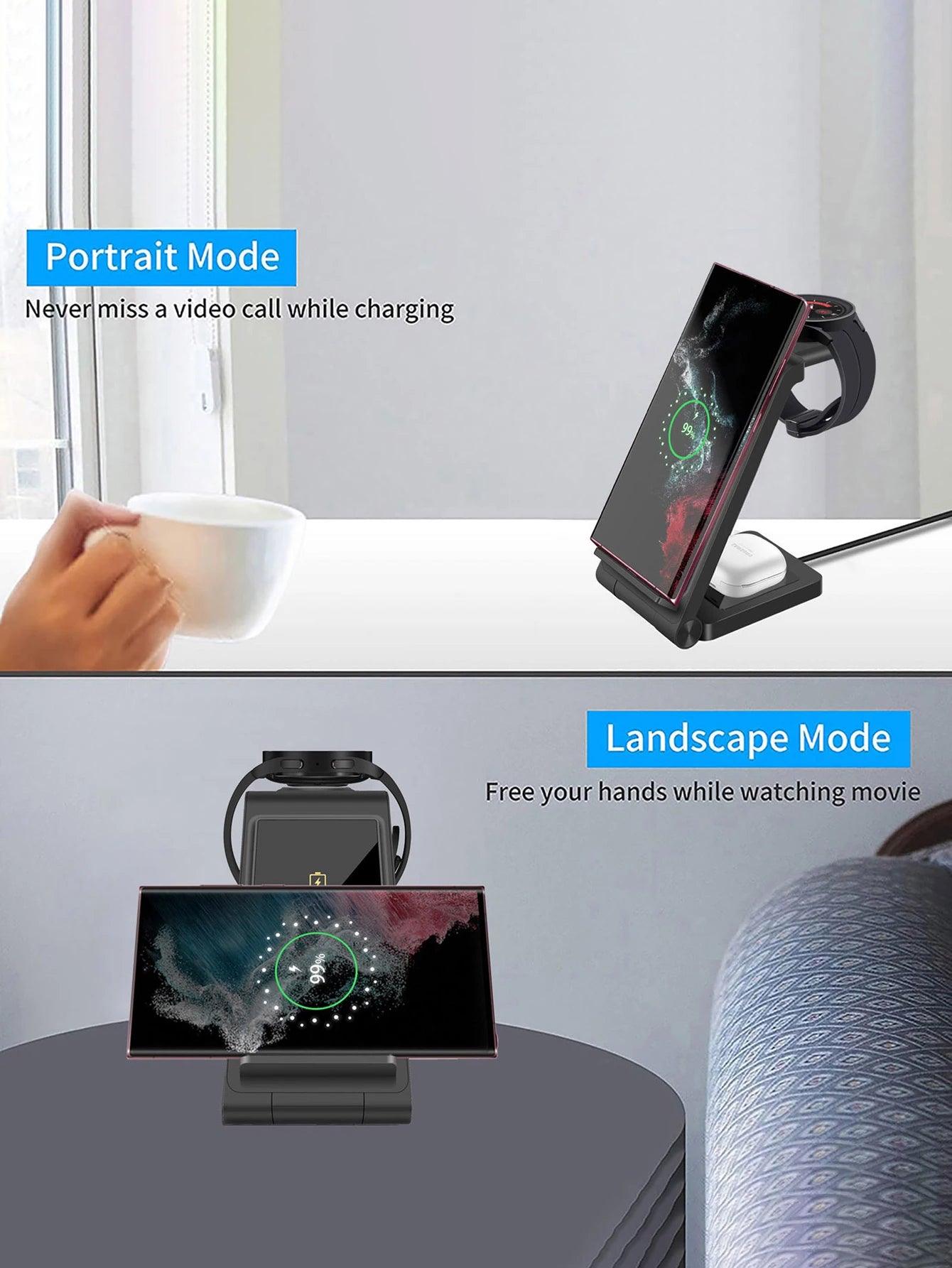 Carregador sem fio 3 em 1 para Samsung S24 S23 Ultra/S22/S21/Note 20/Z Flip 6/Z Fold 6 Estação de carregamento rápido para Galaxy Watch 7 Pro
